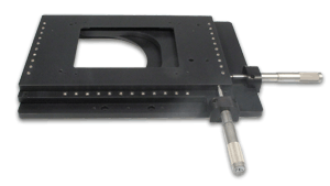 long travel micropositioning stage with manual micrometers for Nikon Ti, Olympus IX, and Zeiss inverted microscopes