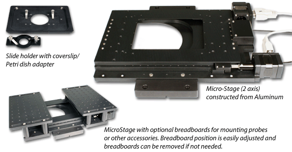 motorized micropositioning stage, shown with three inch slide holder, coverslip holder, and sliding breadboards. Fits Nikon Ti and TE2000, Olympus IX, Leica, and Zeiss inverted microscopes.